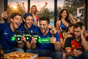 groupe d’amis regardant un match de football et célébrant un pari gagné sur smartphone
