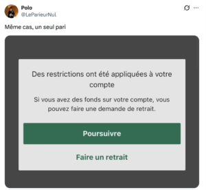 Capture d’écran d’un joueur signalant une restriction de compte Bet365 après inscription