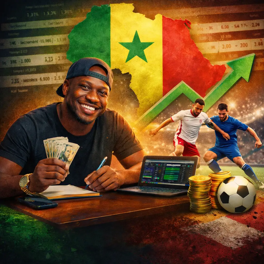 Jeune parieur africain au Sénégal analysant des paris sportifs football sur ordinateur avec ambiance professionnelle et méthode sharp